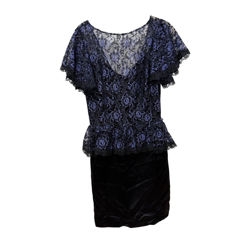 Gunne Sax‎ Jessica McClintock Vintage 80s Blue Black Lace Peplum Dress Size 9